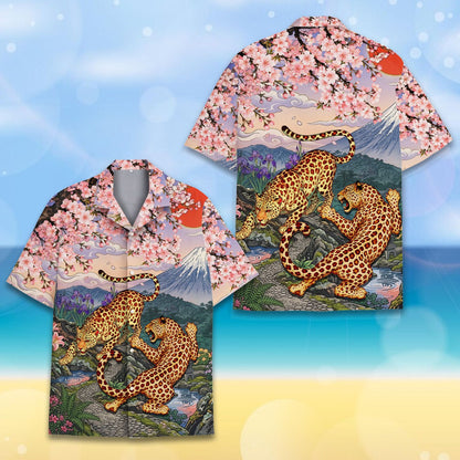 Japanese art hawaiian shirt featuring an ukiyo-e style leopard design on a colorful background