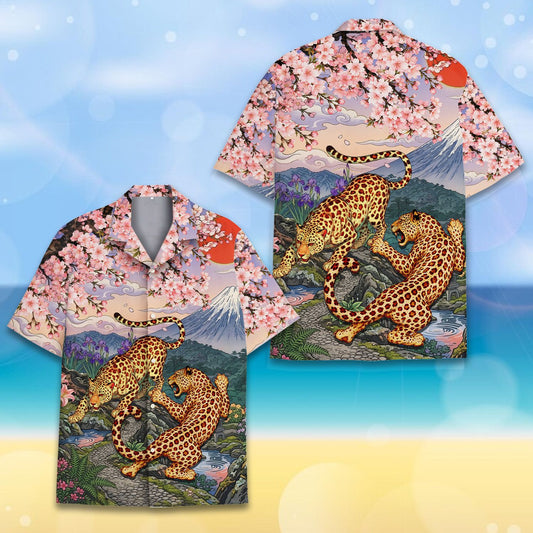 Japanese art hawaiian shirt featuring an ukiyo-e style leopard design on a colorful background