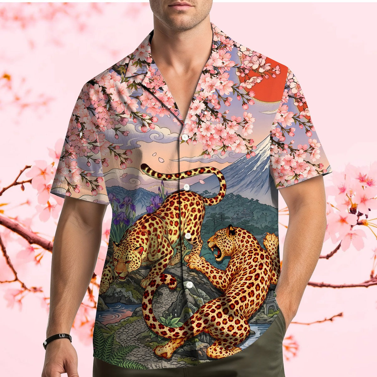 Lifestyle view of someone wearing the japanese art hawaiian shirt