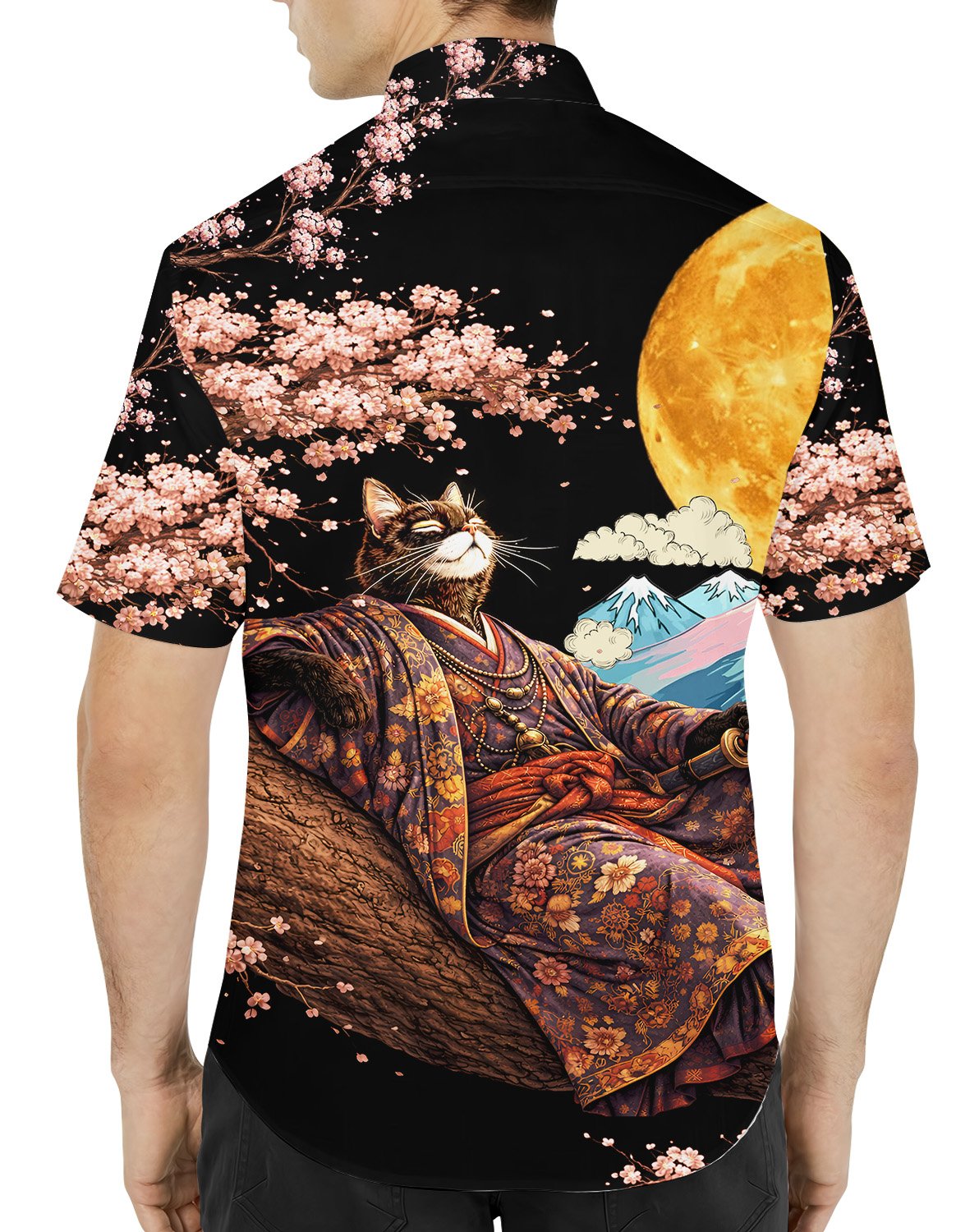 Back view of the hawaiian shirt showing the full moon and Mount Fuji design