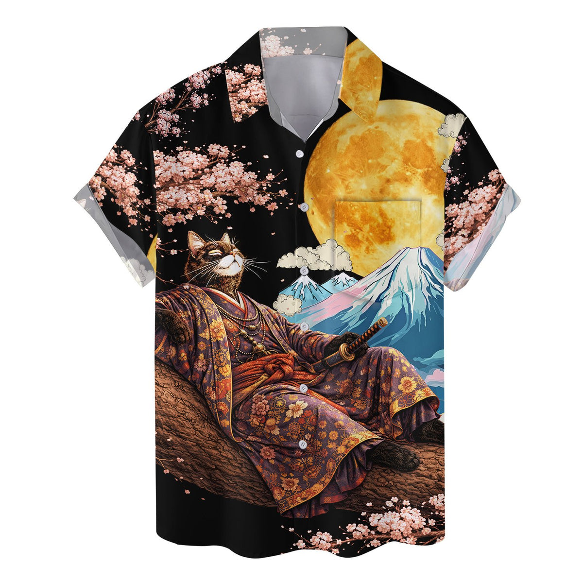 Second front view of the black japanese hawaiian shirt
