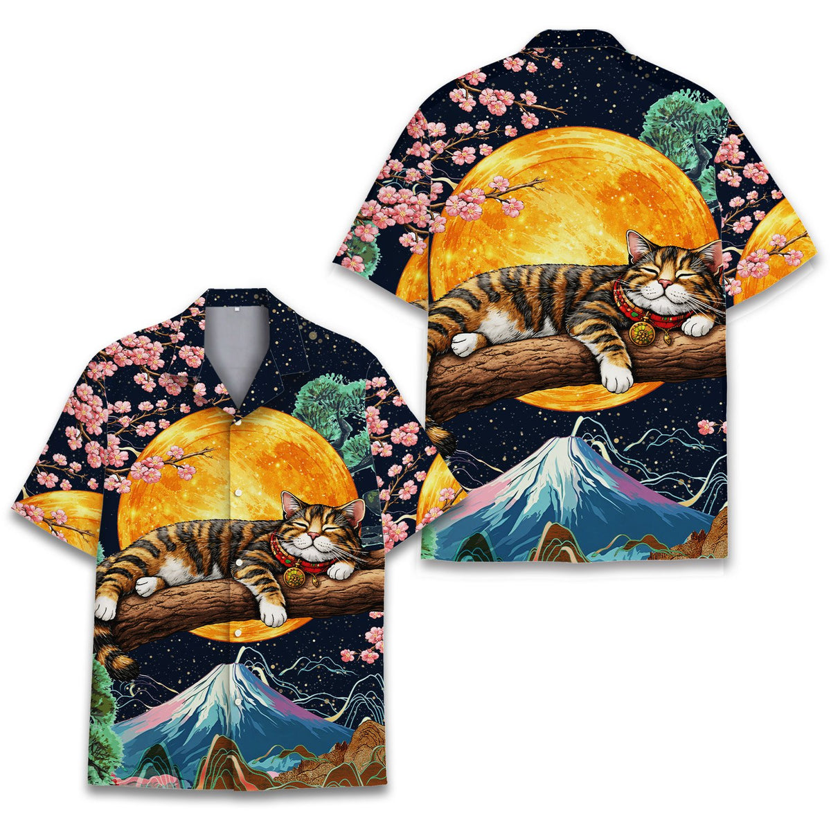 Full front view of the navy and orange scenic Hawaiian top.