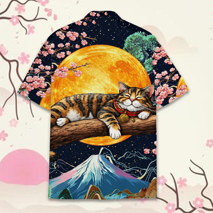 Main view of the matching family hawaiian shirts featuring a scenic Japanese night sky.