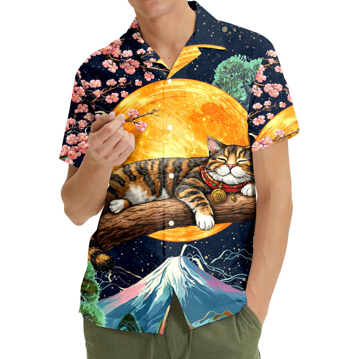 Close-up lifestyle view of the scenic japanese hawaiian shirt in a natural setting.