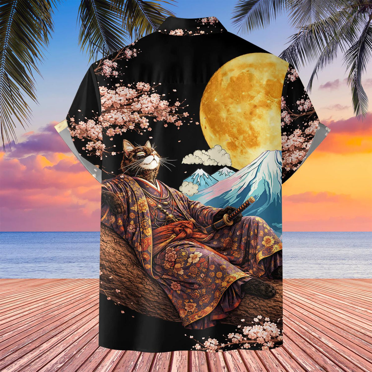 Lifestyle view of the black japanese hawaiian shirt being worn