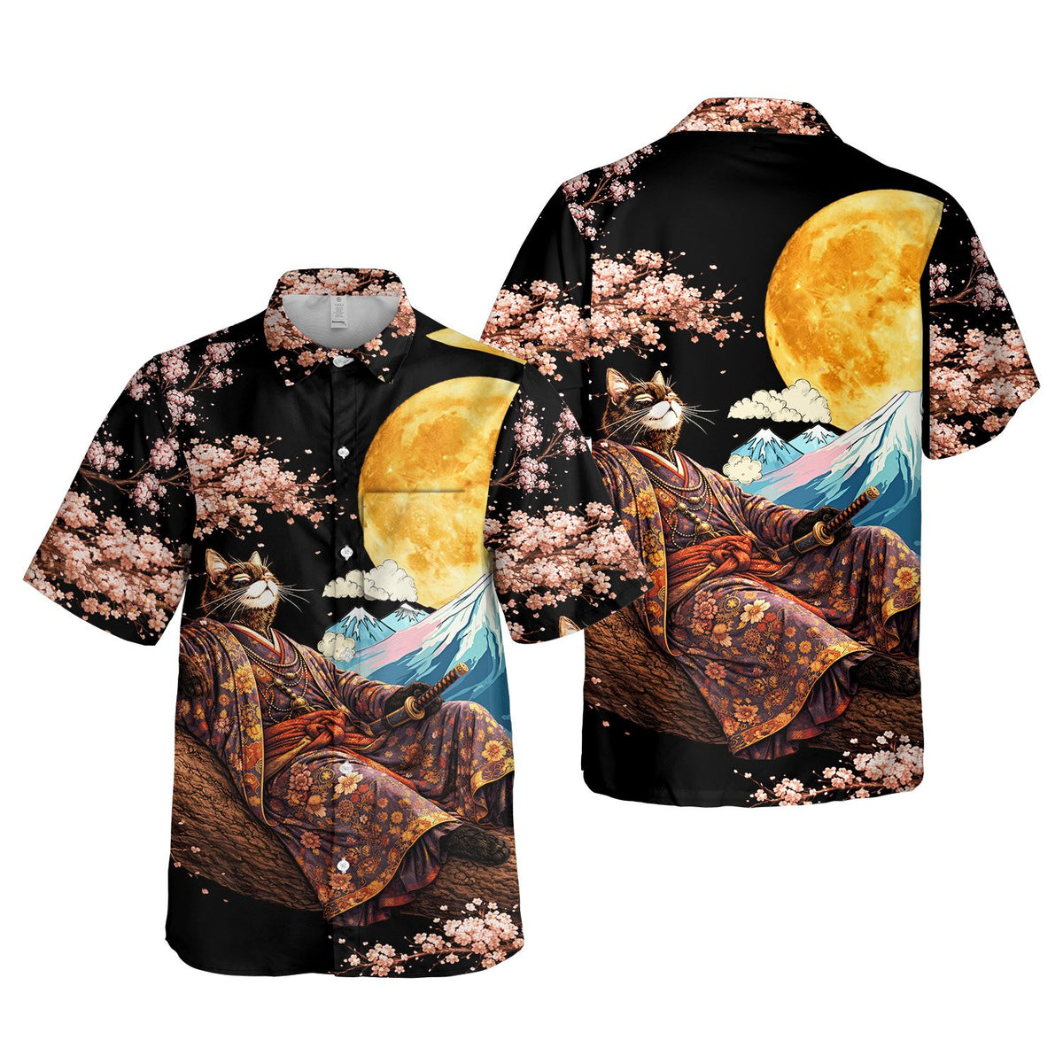 Detail view of the hawaiian shirt's kimono and katana sword illustration