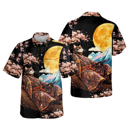 Detail view of the hawaiian shirt's kimono and katana sword illustration