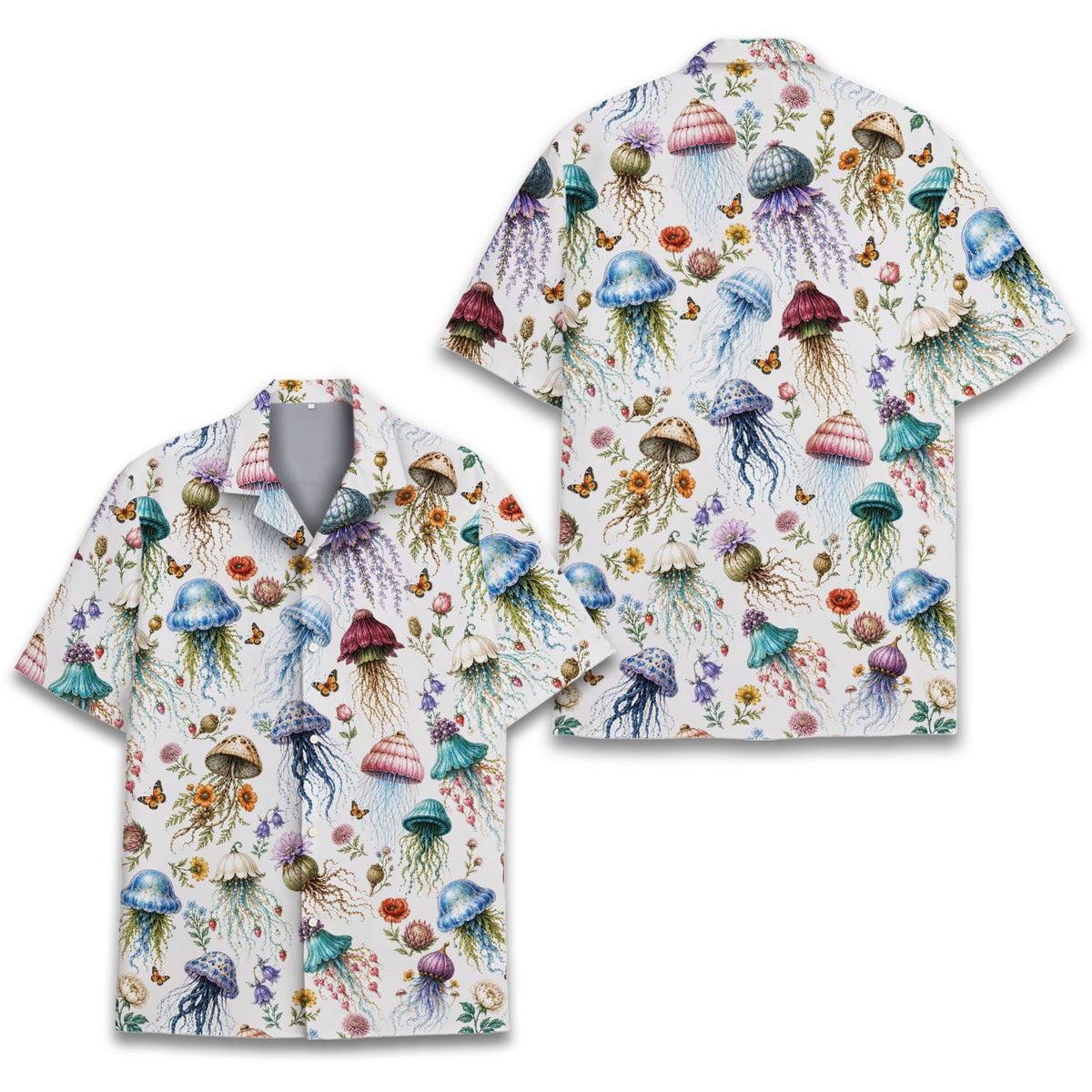 Front view of a white matching family hawaiian shirt with a vintage jellyfish and floral print.