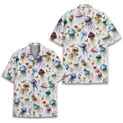 Front view of a white matching family hawaiian shirt with a vintage jellyfish and floral print.