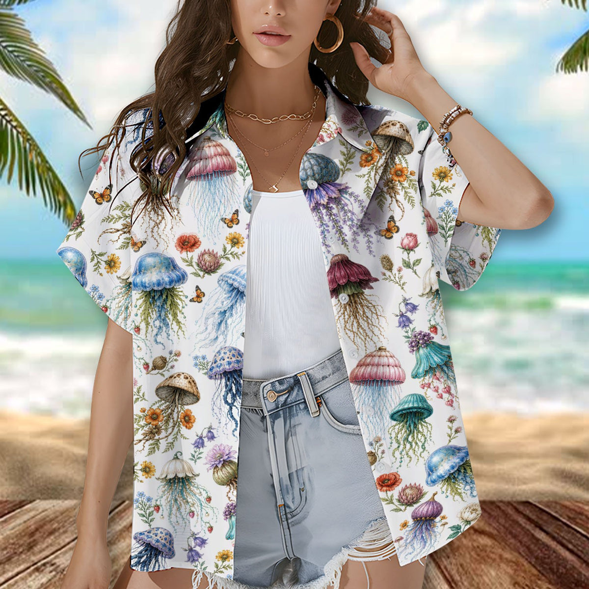Close-up lifestyle shot showing the vintage jellyfish hawaiian shirt pattern details.