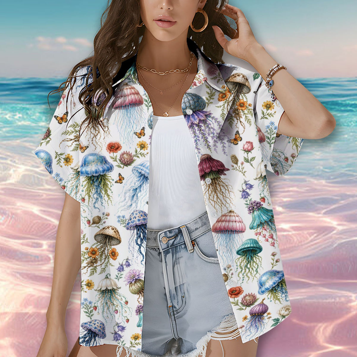 Family gathered outdoors wearing matching floral print hawaiian shirts.