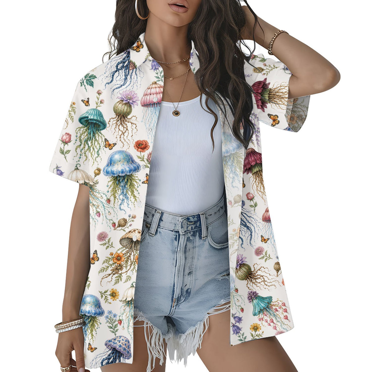 Group lifestyle shot featuring the white botanical and jellyfish summer shirt.
