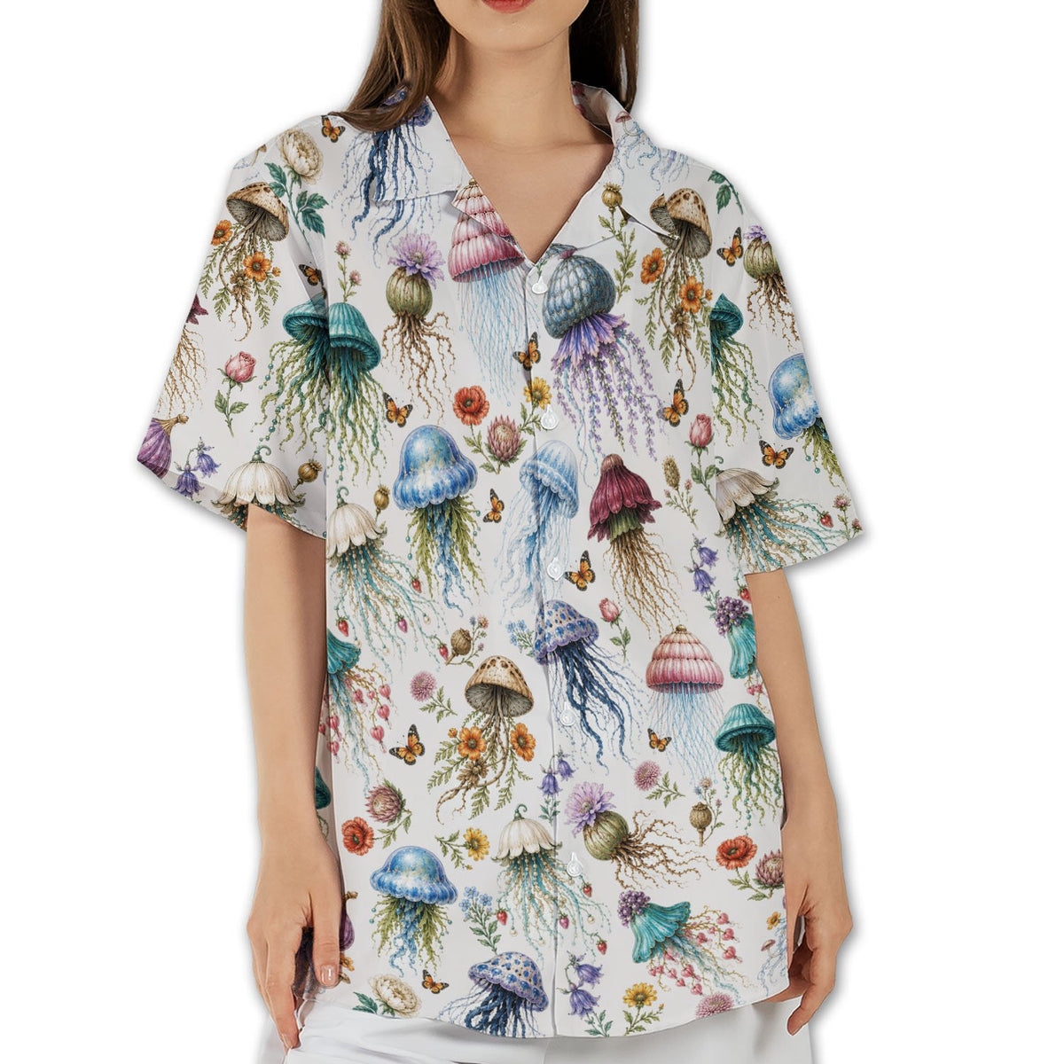 Lifestyle perspective showing the comfortable fit of the jellyfish hawaiian shirt.