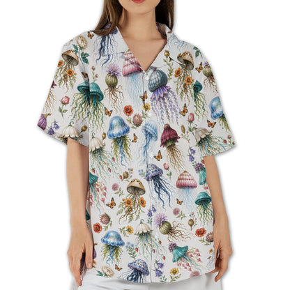 Lifestyle perspective showing the comfortable fit of the jellyfish hawaiian shirt.