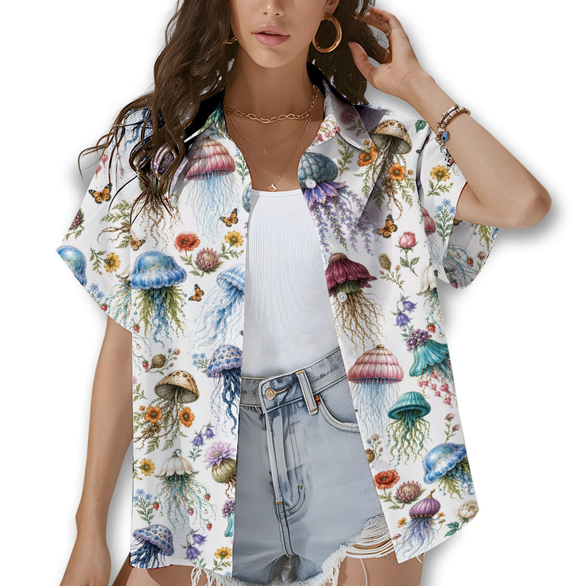Lifestyle view of a family wearing the pink floral hawaiian shirt design outdoors.