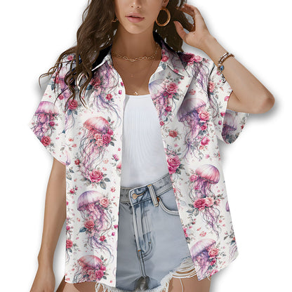 Front view of the jellyfish and roses matching family hawaiian shirt