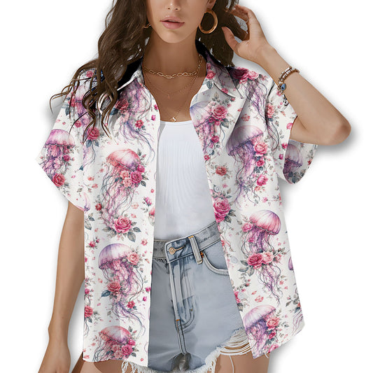 Jellyfish and roses hawaiian shirt showing front matching family design on white