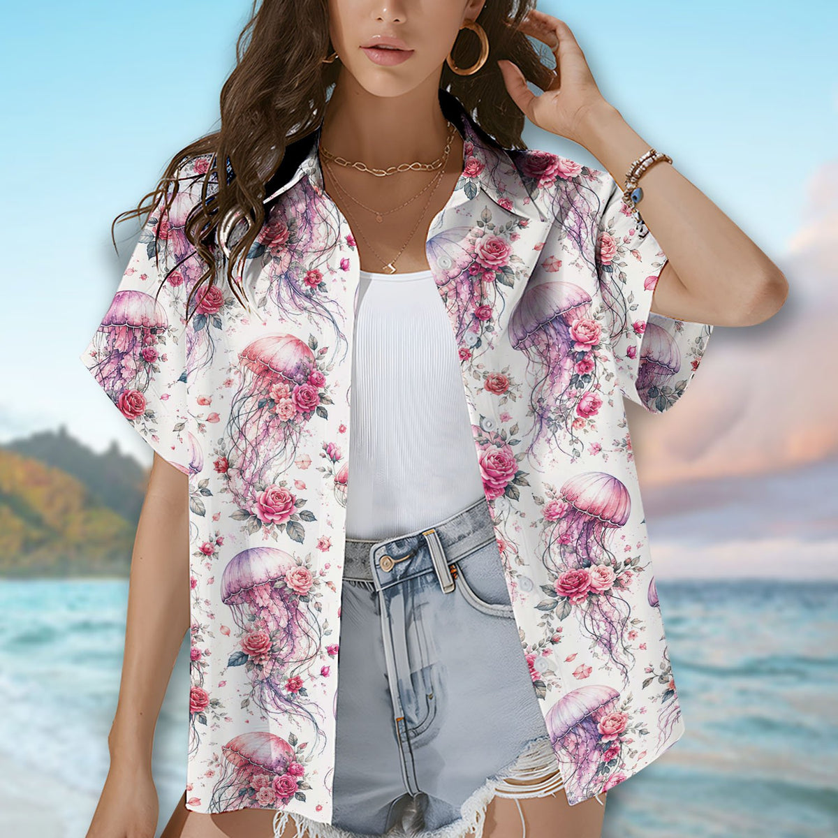 Second lifestyle view featuring the matching family hawaiian shirt design