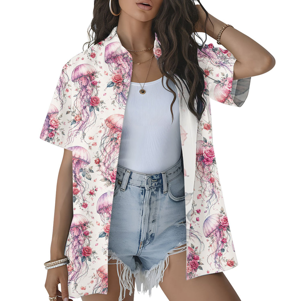 Third lifestyle view showcasing the jellyfish and roses hawaiian shirt