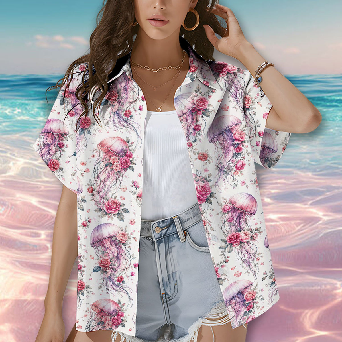 Lifestyle image of the jellyfish and roses hawaiian shirt