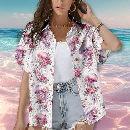 Lifestyle image of the jellyfish and roses hawaiian shirt