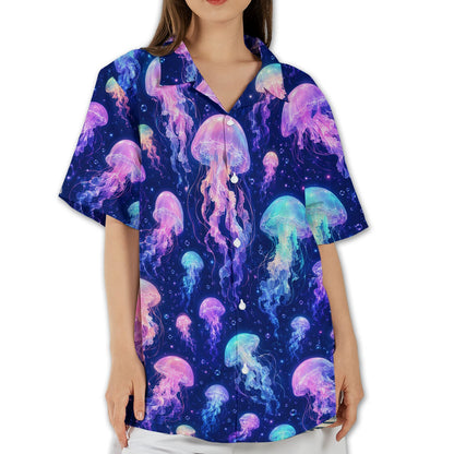 Navy jellyfish hawaiian shirt with glowing design, front view