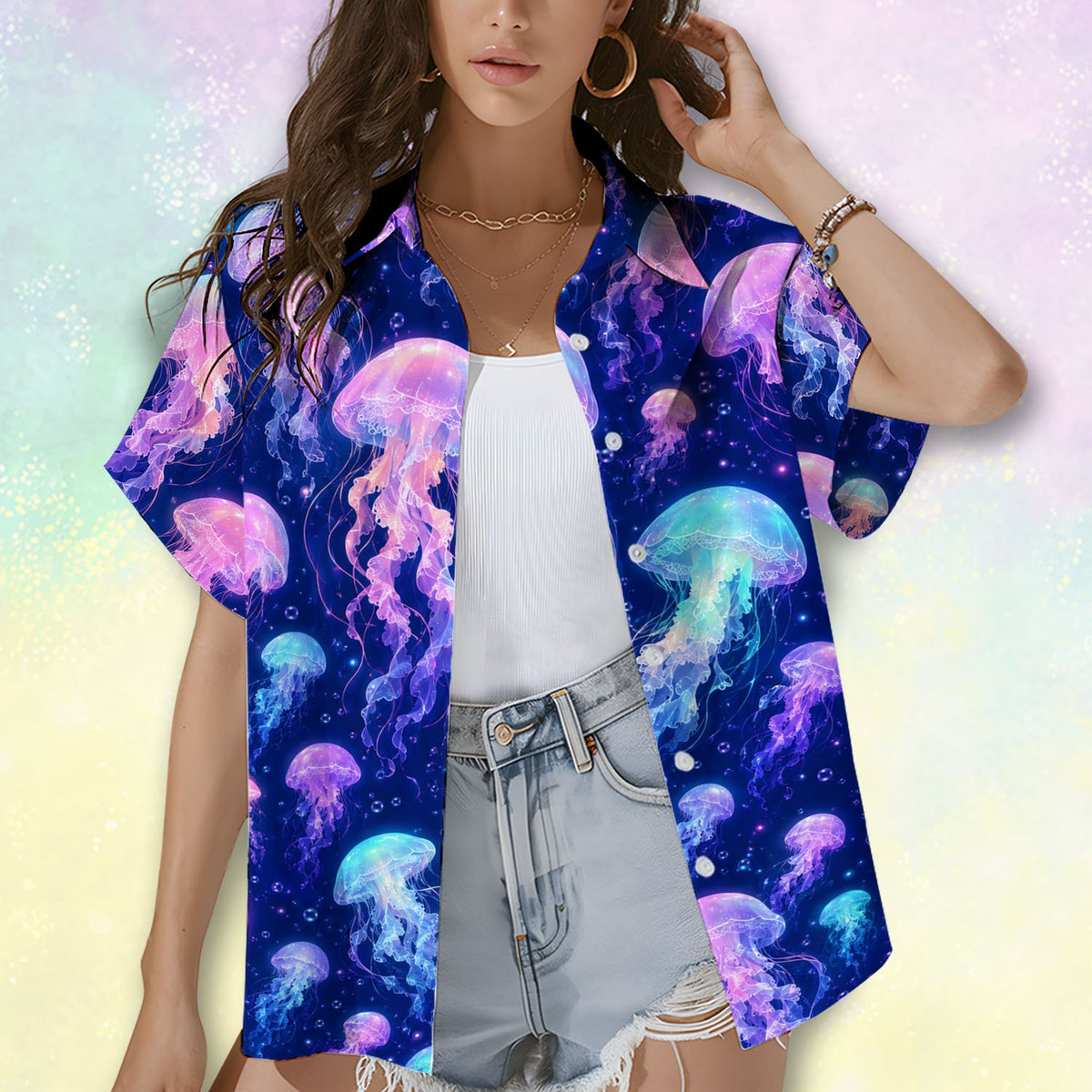 Close up lifestyle shot of the navy jellyfish hawaiian shirt