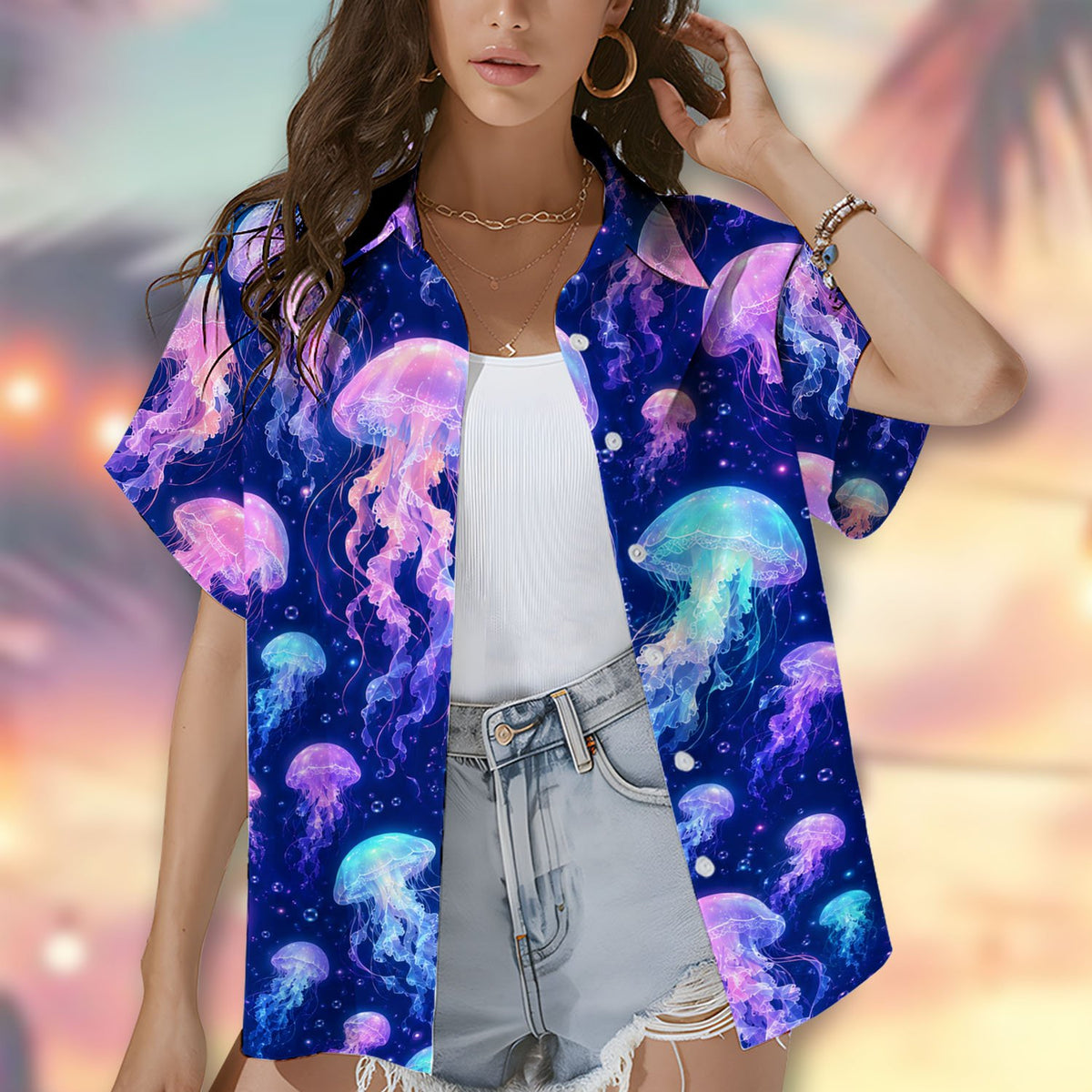 Group wearing matching family hawaiian shirts in a lifestyle setting