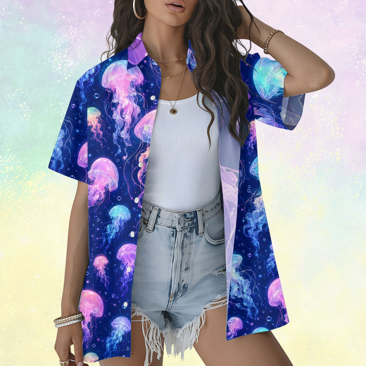 Back lifestyle view of the jellyfish hawaiian shirt