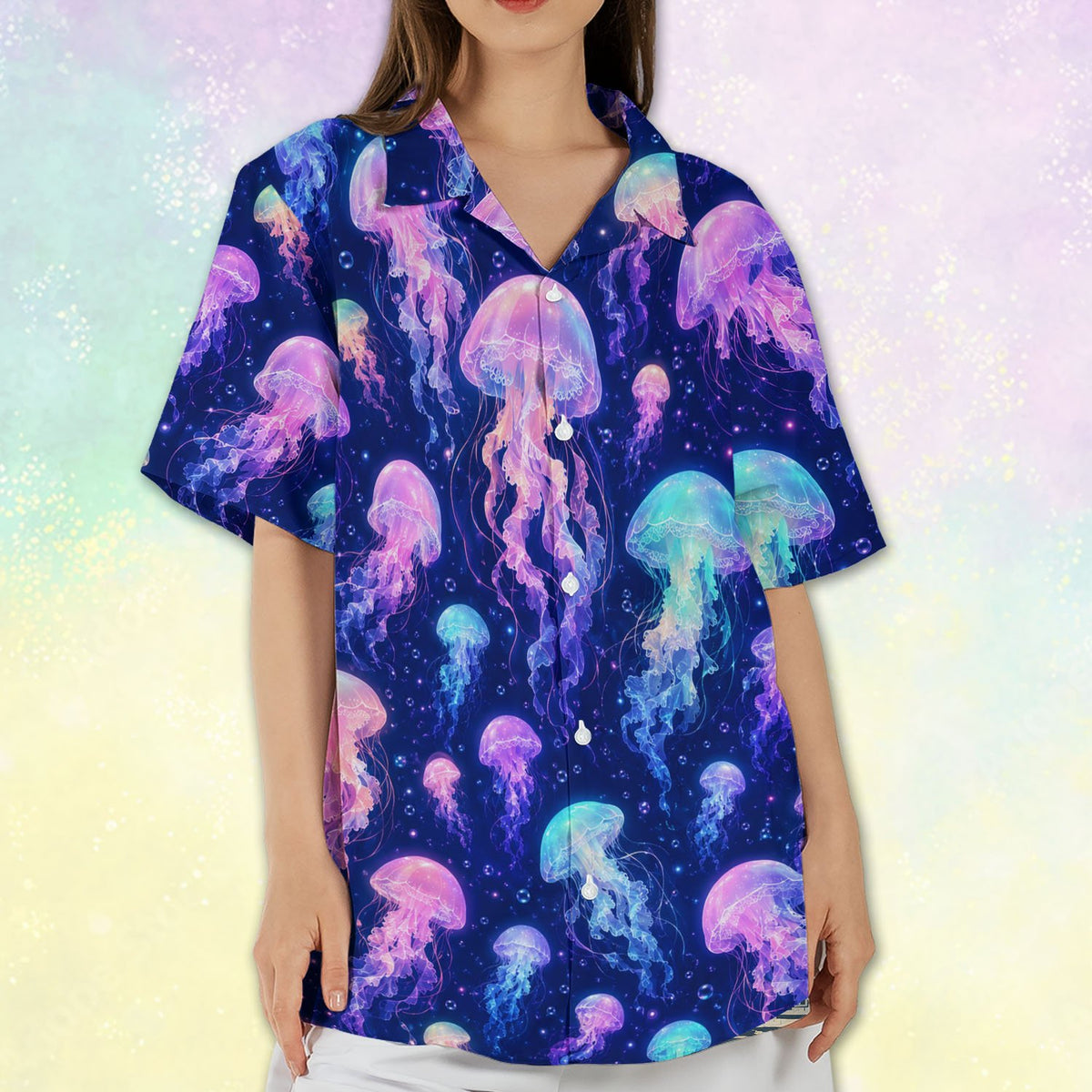 Lifestyle view highlighting the starry deep ocean pattern of the shirt