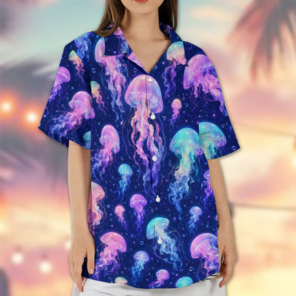 Navy jellyfish hawaiian shirt styled casually outdoors