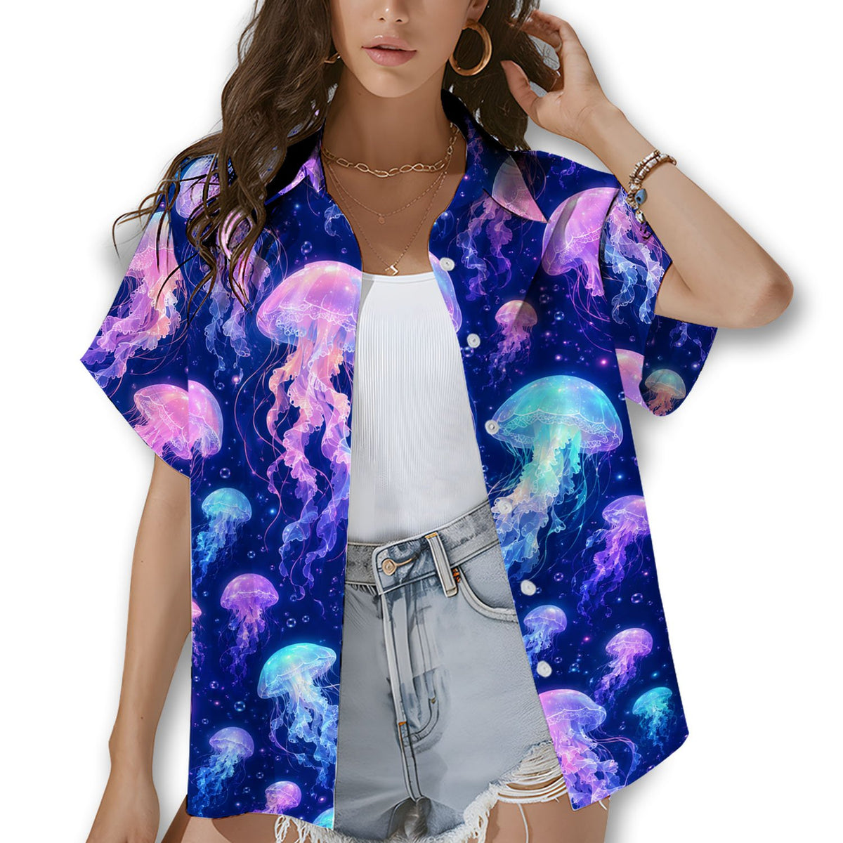 Lifestyle view of a person wearing the navy jellyfish hawaiian shirt