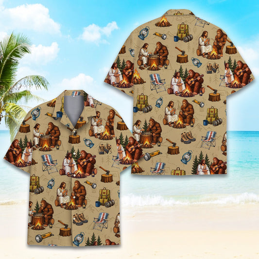 Jesus and bigfoot camping hawaiian shirt on a beige map background, main view