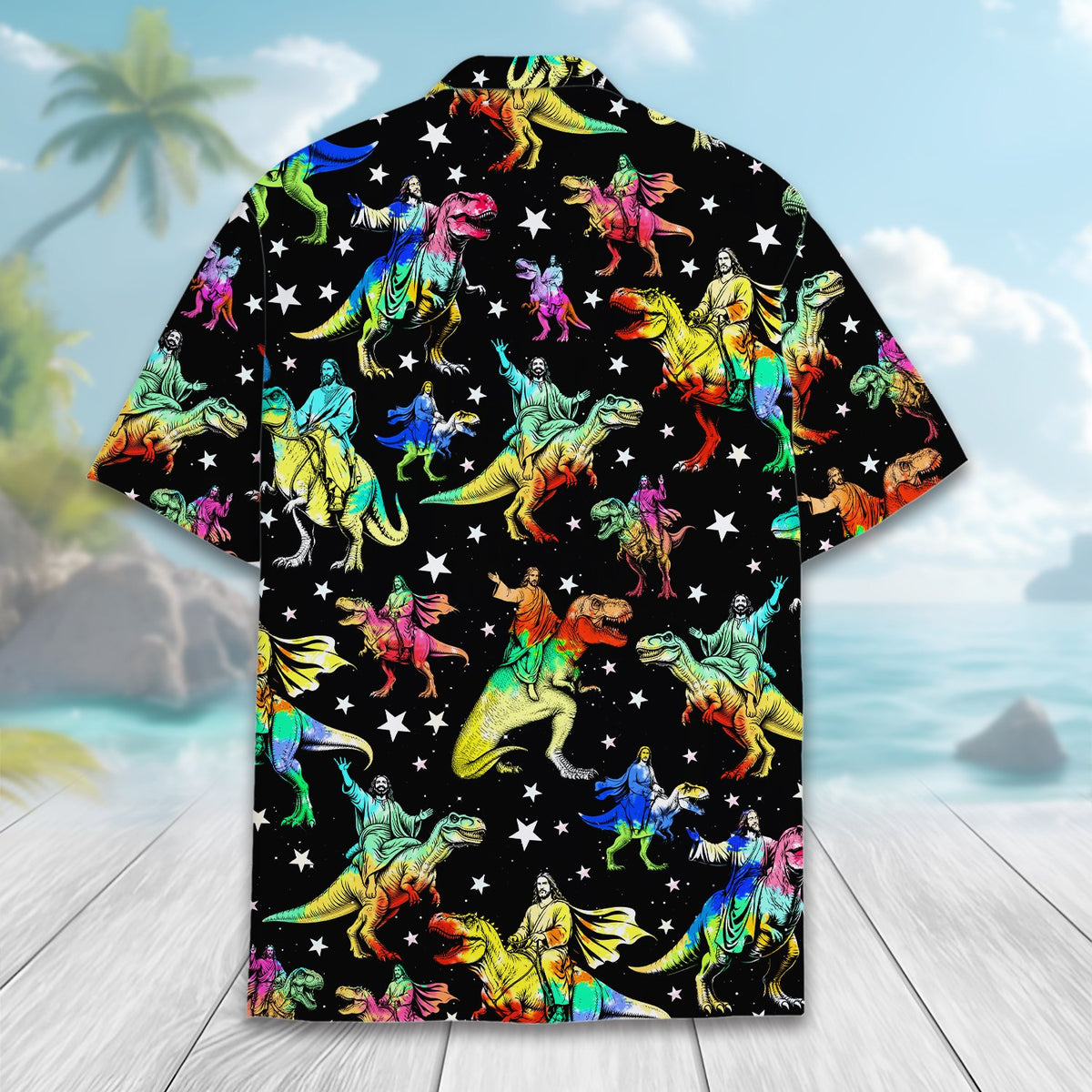 Another back view of the Jesus riding dinosaurs hawaiian shirt