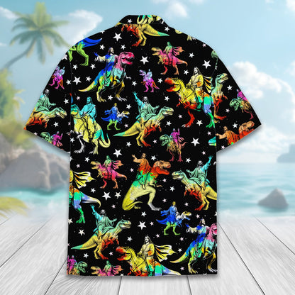 Another back view of the Jesus riding dinosaurs hawaiian shirt