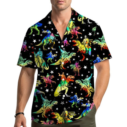 Back view of the matching family hawaiian shirt with the dinosaur pattern