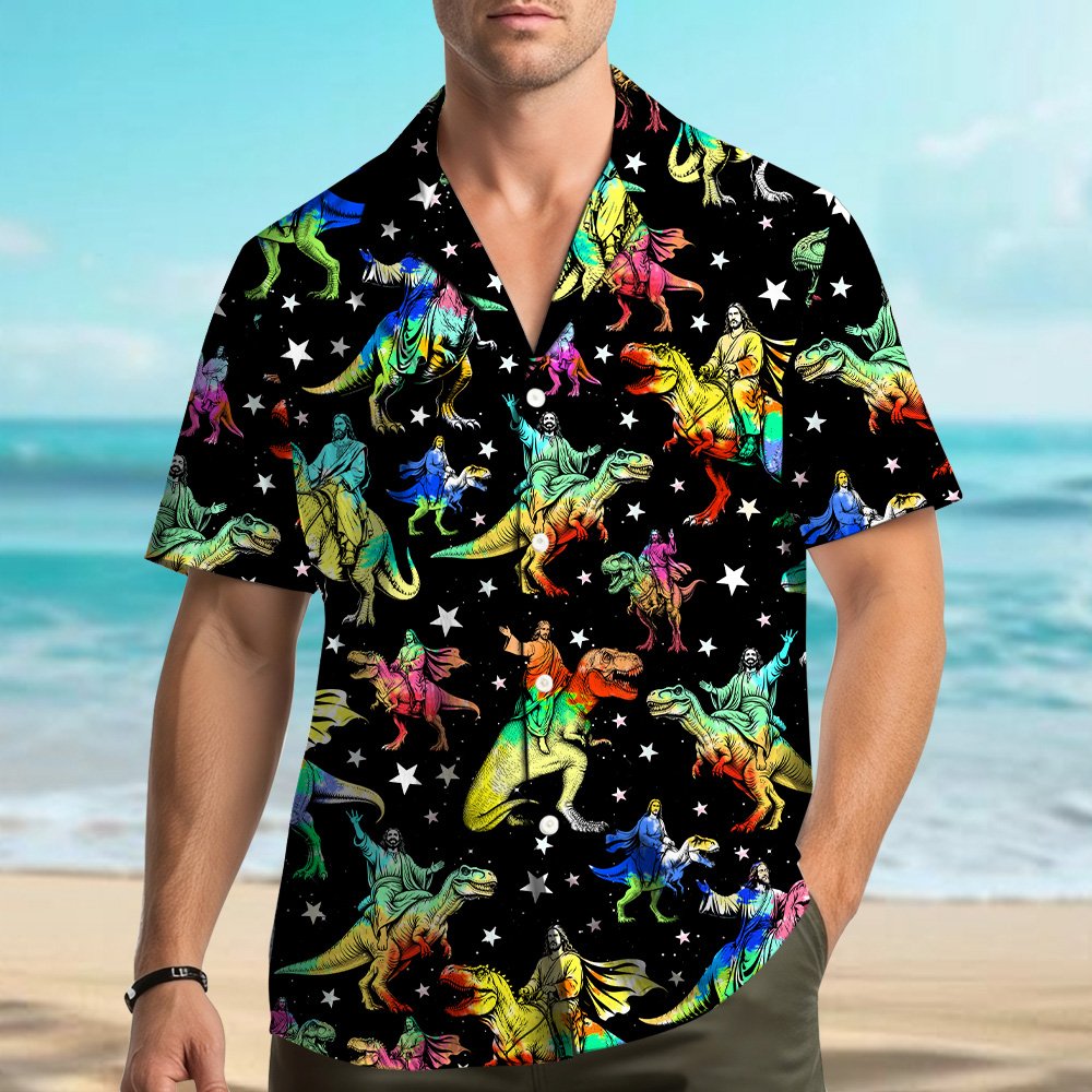 Another front view of the Jesus riding dinosaurs matching family shirt
