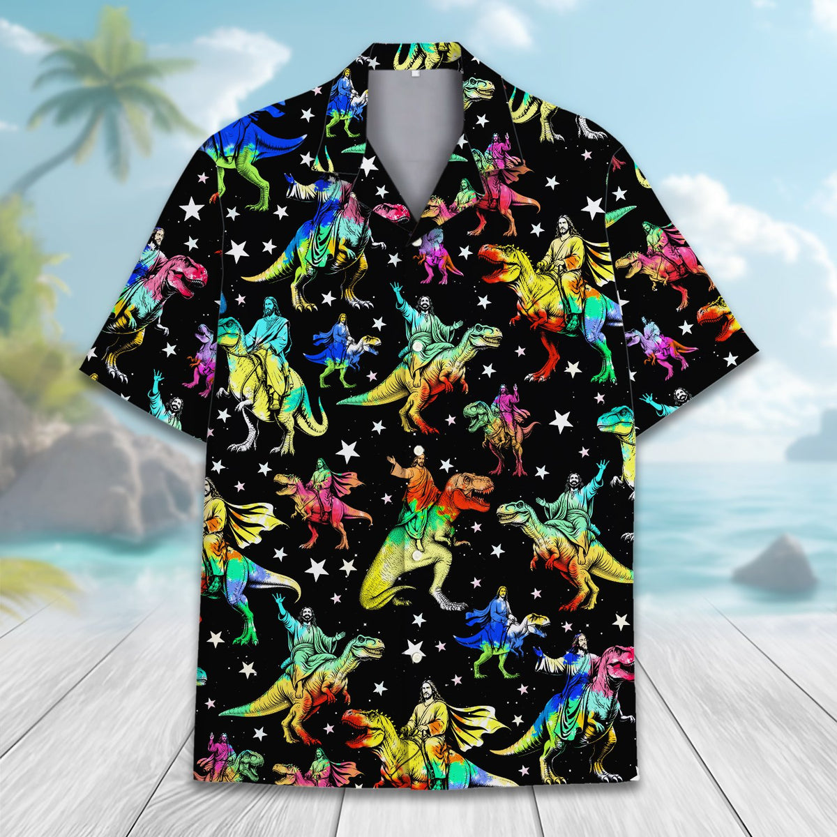 Detailed front view of the Jesus riding dinosaurs pattern on the Hawaiian shirt