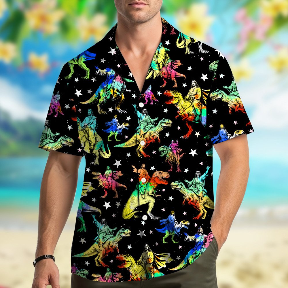 Main view of the matching family hawaiian shirt featuring a Jesus riding dinosaurs pattern