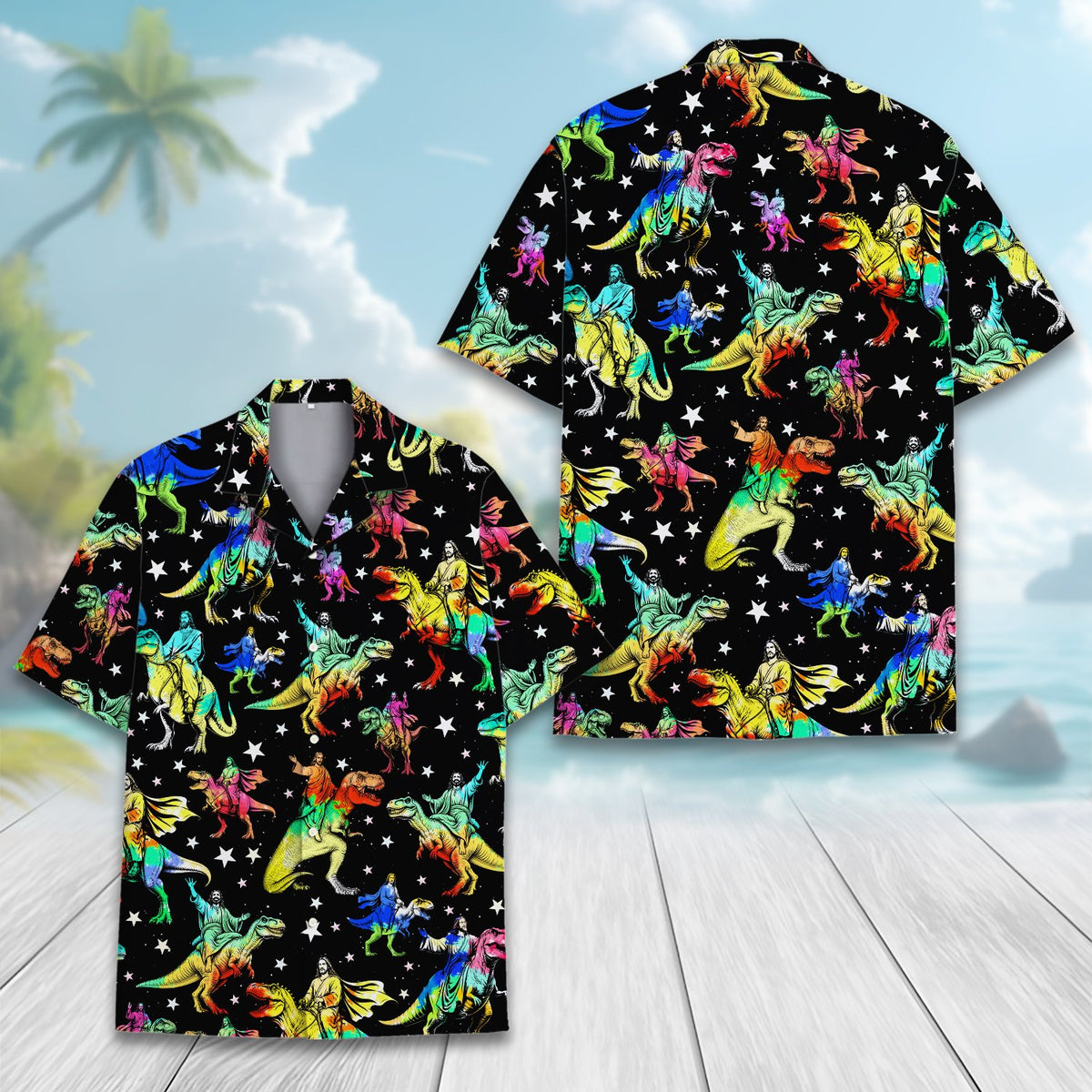 Third lifestyle view showing the Jesus riding dinosaurs hawaiian shirt