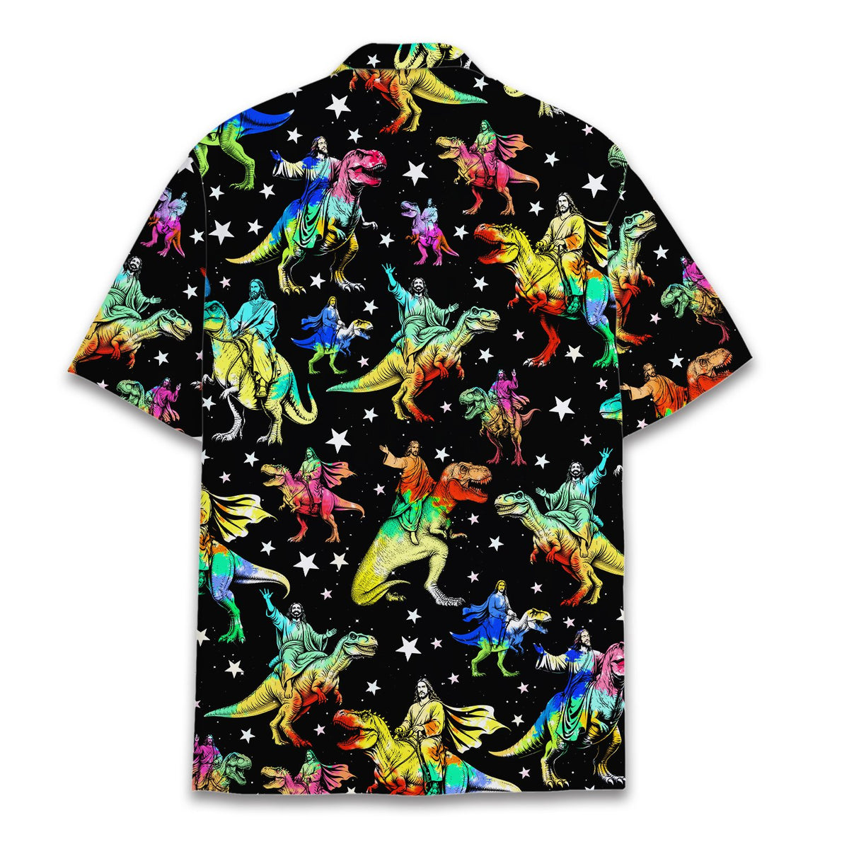 Lifestyle view of a person wearing the Jesus riding dinosaurs hawaiian shirt