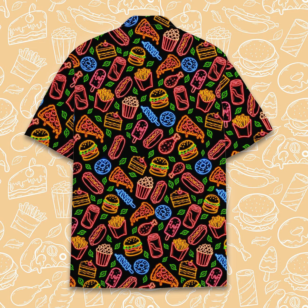 Matching family hawaiian shirts with neon food pattern, back view