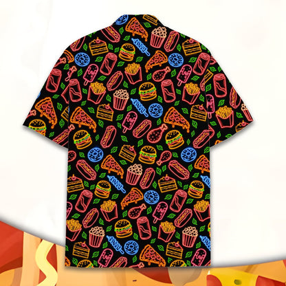 Back view of the food hawaiian shirt with bright neon graphics