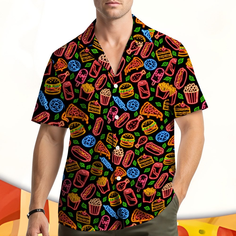Food hawaiian shirt with neon burger and pizza illustrations, front view