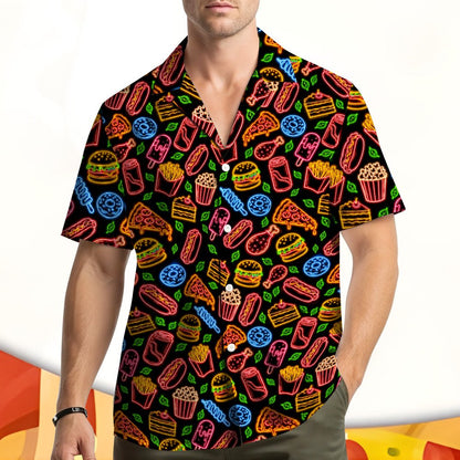 Food hawaiian shirt with neon burger and pizza illustrations, front view