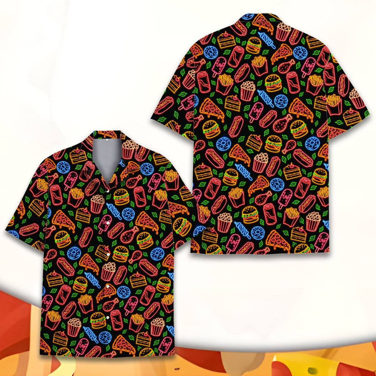 Playful junk food neon design hawaiian shirt, front view