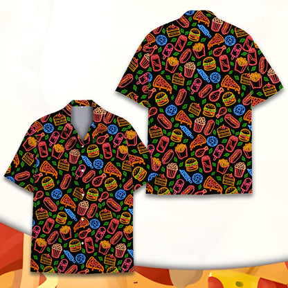 Playful junk food neon design hawaiian shirt, front view