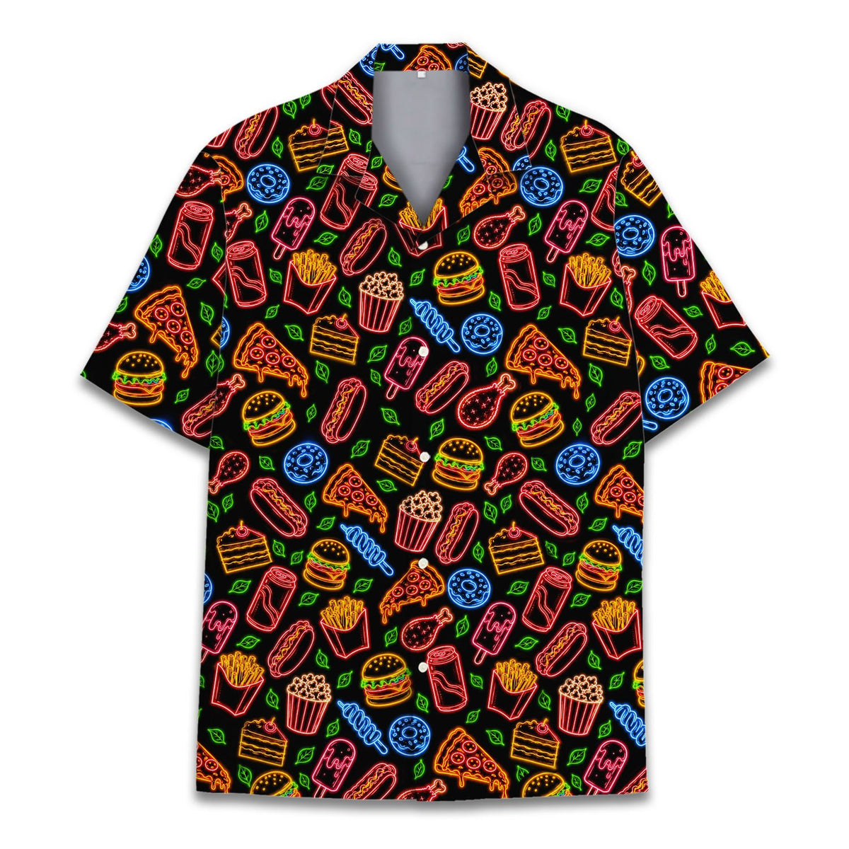 Colorful neon junk food illustrations on a dark hawaiian shirt, front view