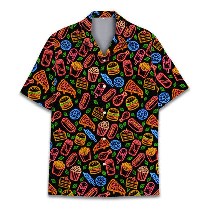 Colorful neon junk food illustrations on a dark hawaiian shirt, front view