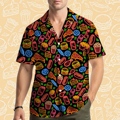 Matching family hawaiian shirts featuring bright neon food designs, front view